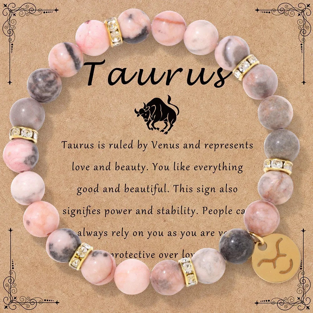 Zodiac Sign Pink Zebra Stone Beaded Bracelets