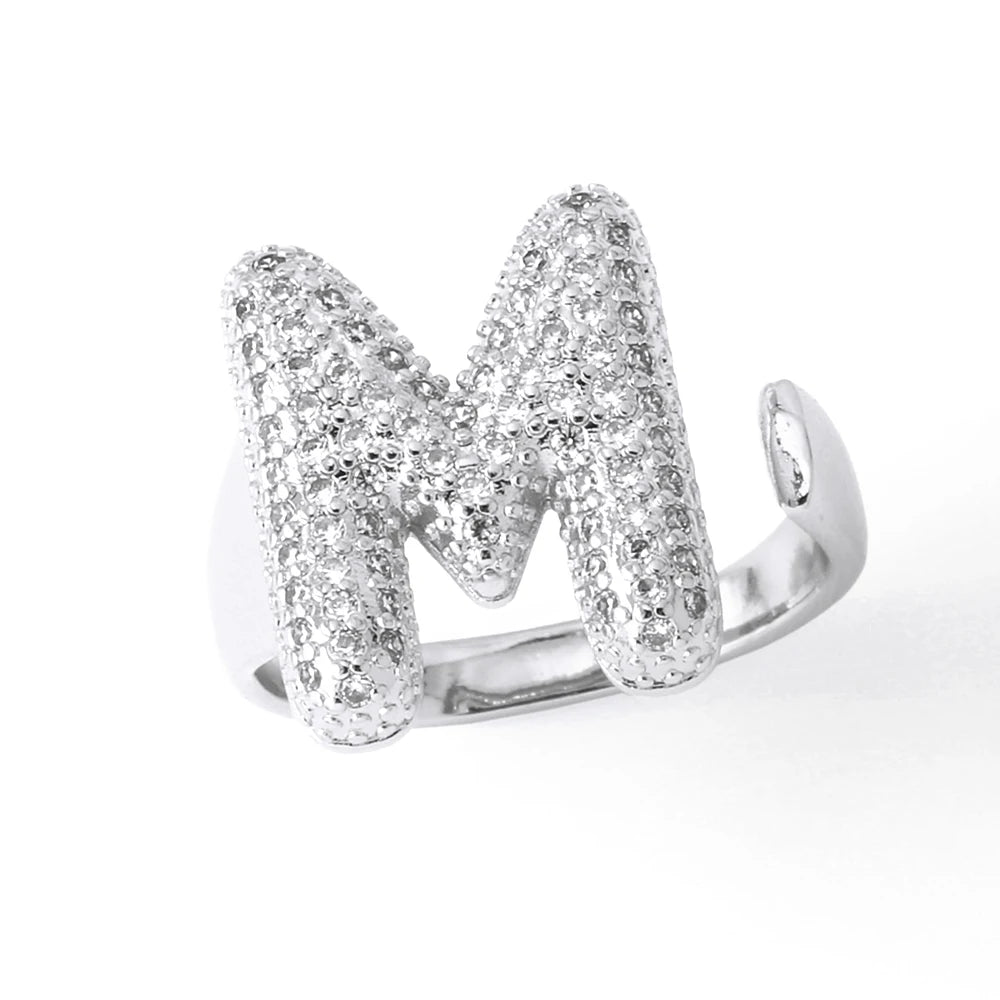 Silver Color Crystal A-Z 26 Letters Statement Rings