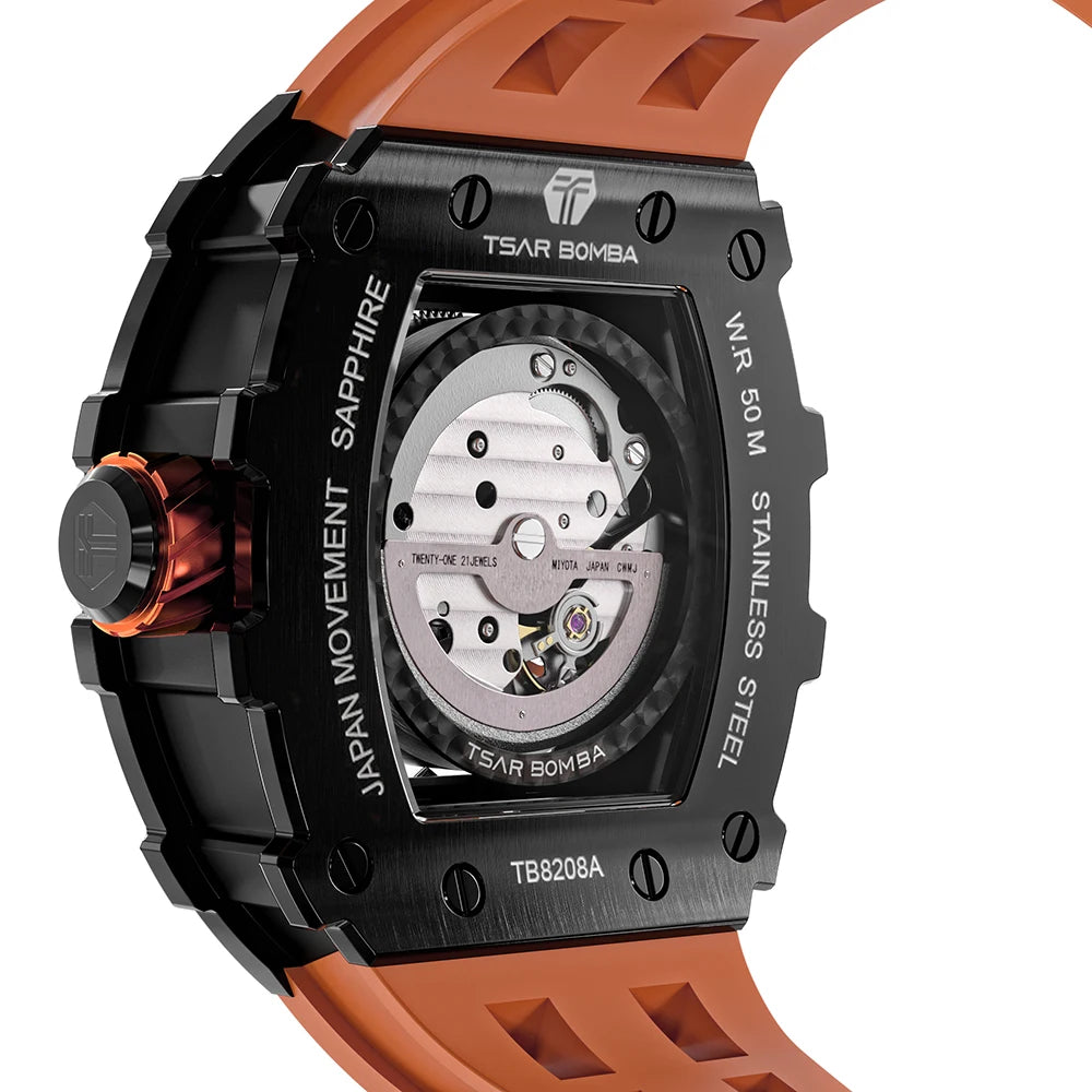 Mens MIYOTA Movement Skeleton Tonneau Waterproof Mechanical Watch