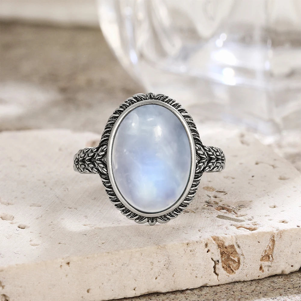 Vintage 925 Silver Ring Natural Moonstone Flower Ring