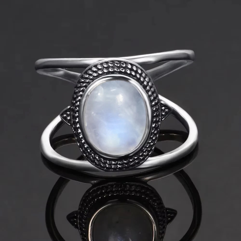 Vintage 925 Silver Ring Natural Moonstone Flower Ring