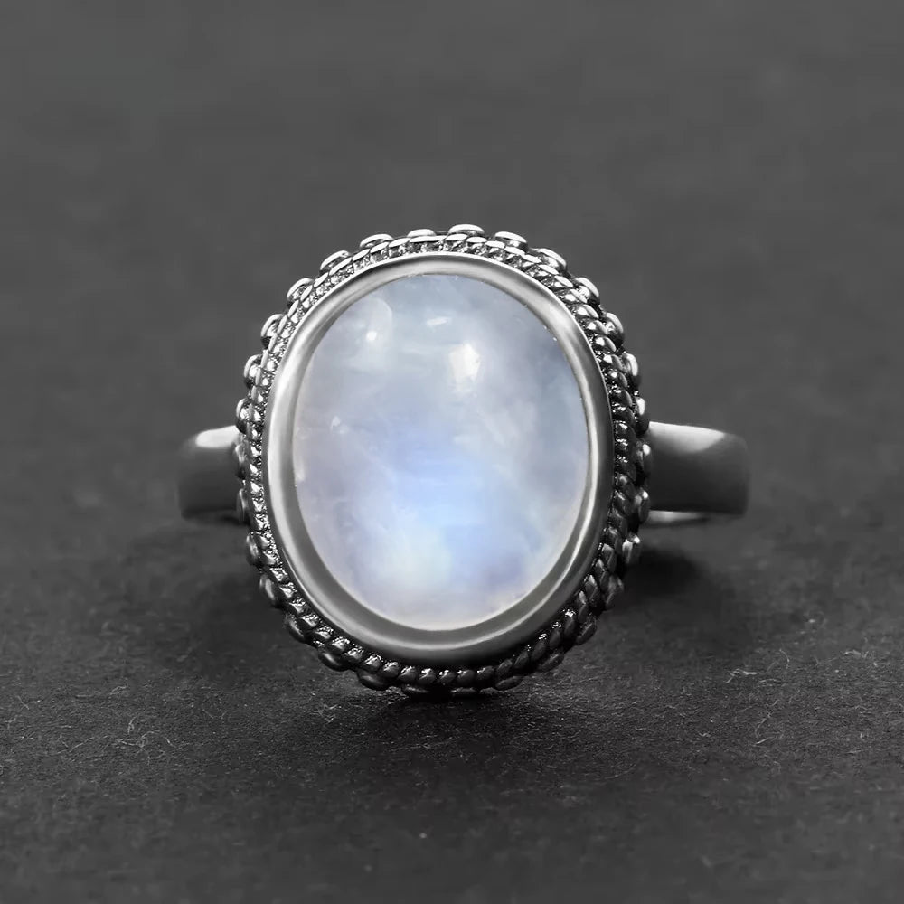Vintage 925 Silver Ring Natural Moonstone Flower Ring