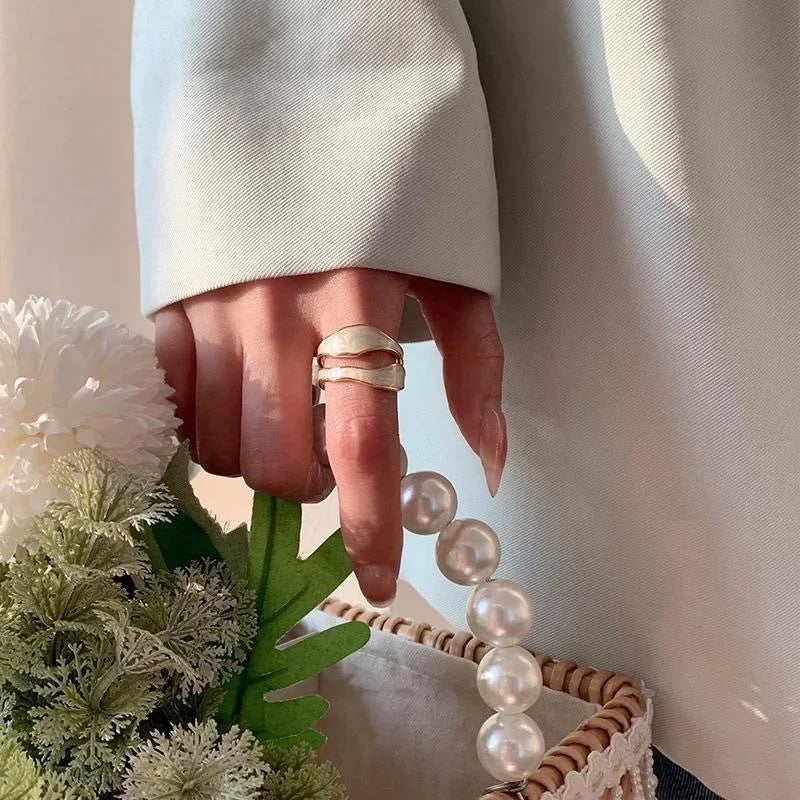 LATS Vintage White Enamel Metal Irregular Shape Geometric Open Adjustable Ring