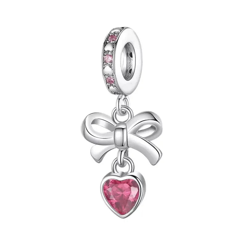 925 Silver Pink Series Bow Zircon Flower Bead Charm