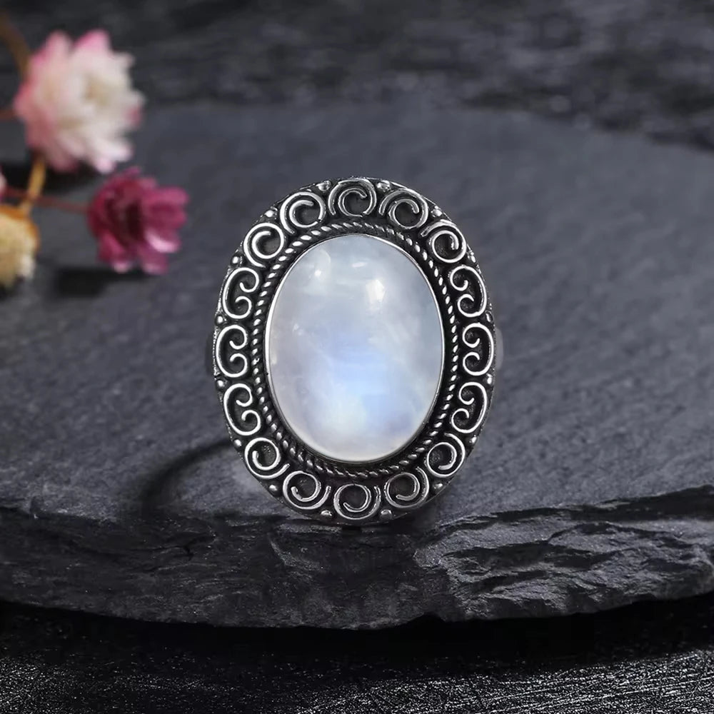 Vintage 925 Silver Ring Natural Moonstone Flower Ring
