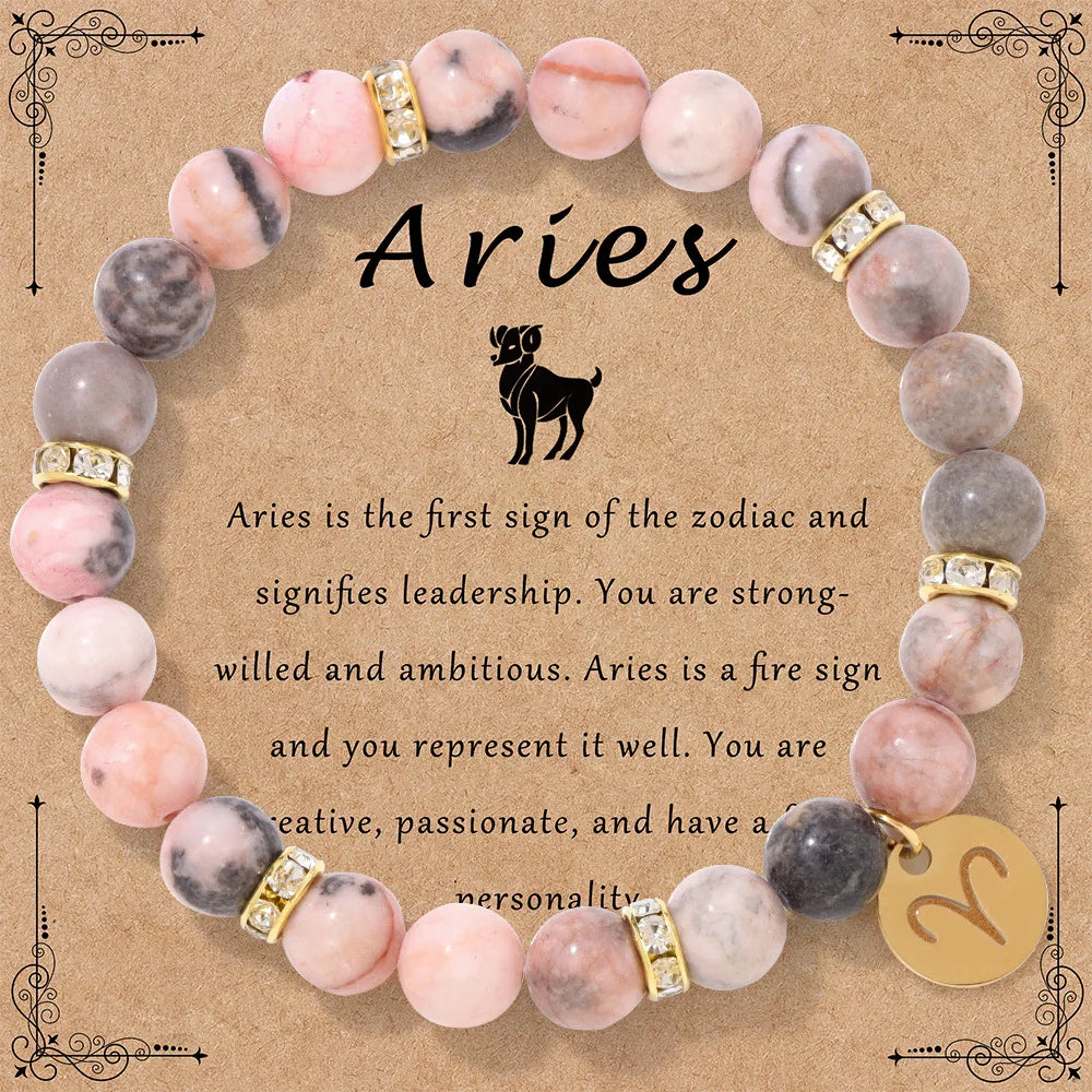 Zodiac Sign Pink Zebra Stone Beaded Bracelets