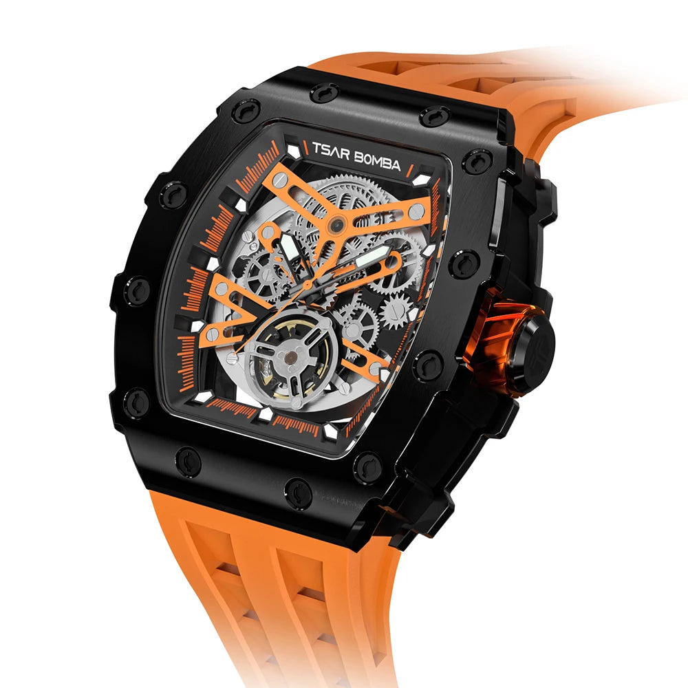 Mens MIYOTA Movement Skeleton Tonneau Waterproof Mechanical Watch