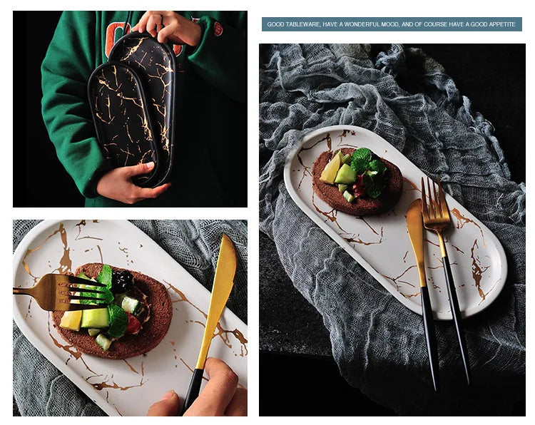 Nordic Luxury Marble Glazed Golden Pattern Ceramic Plate