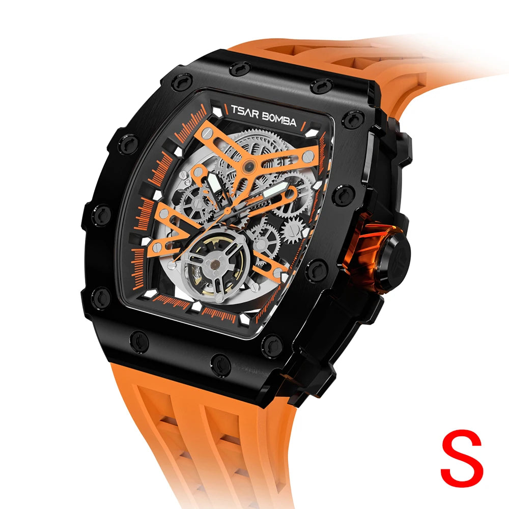 Mens MIYOTA Movement Skeleton Tonneau Waterproof Mechanical Watch