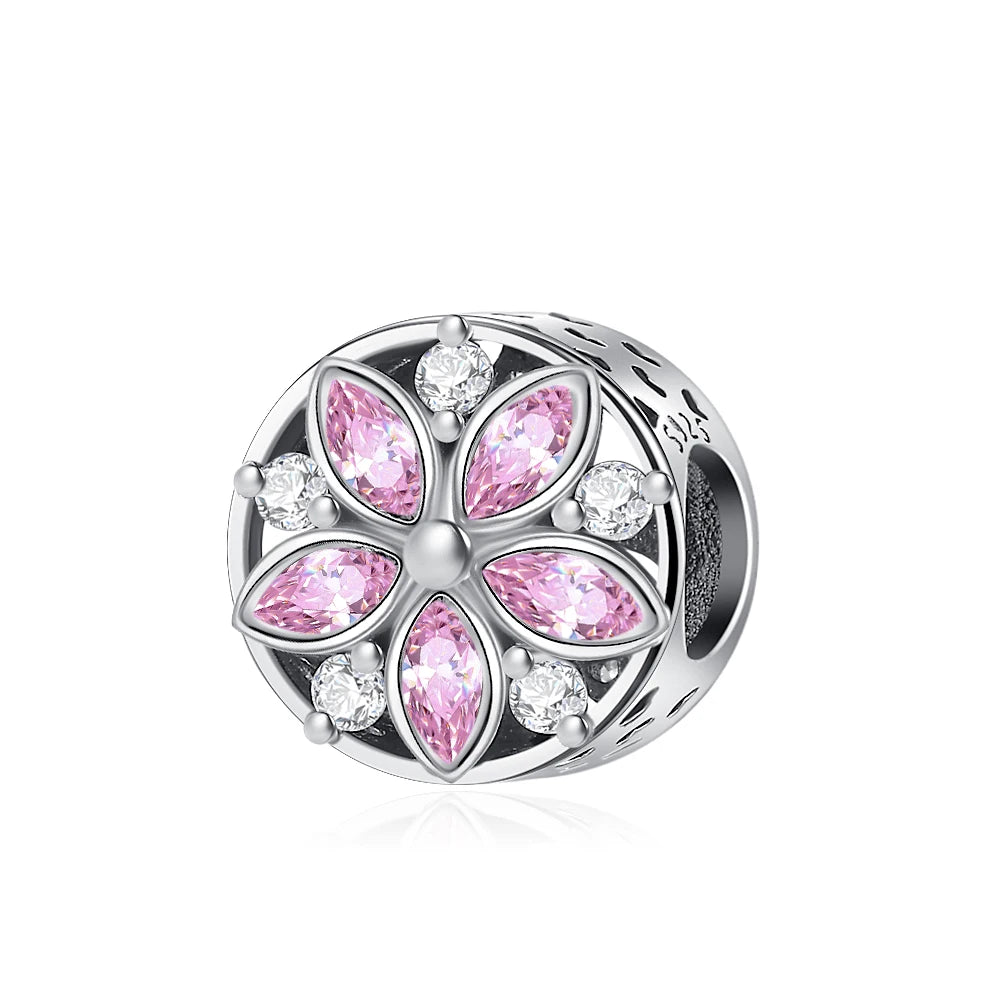 925 Silver Pink Series Bow Zircon Flower Bead Charm