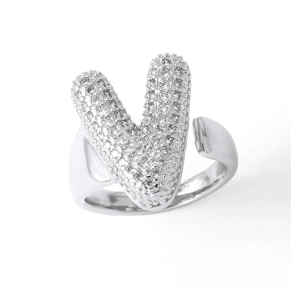 Silver Color Crystal A-Z 26 Letters Statement Rings