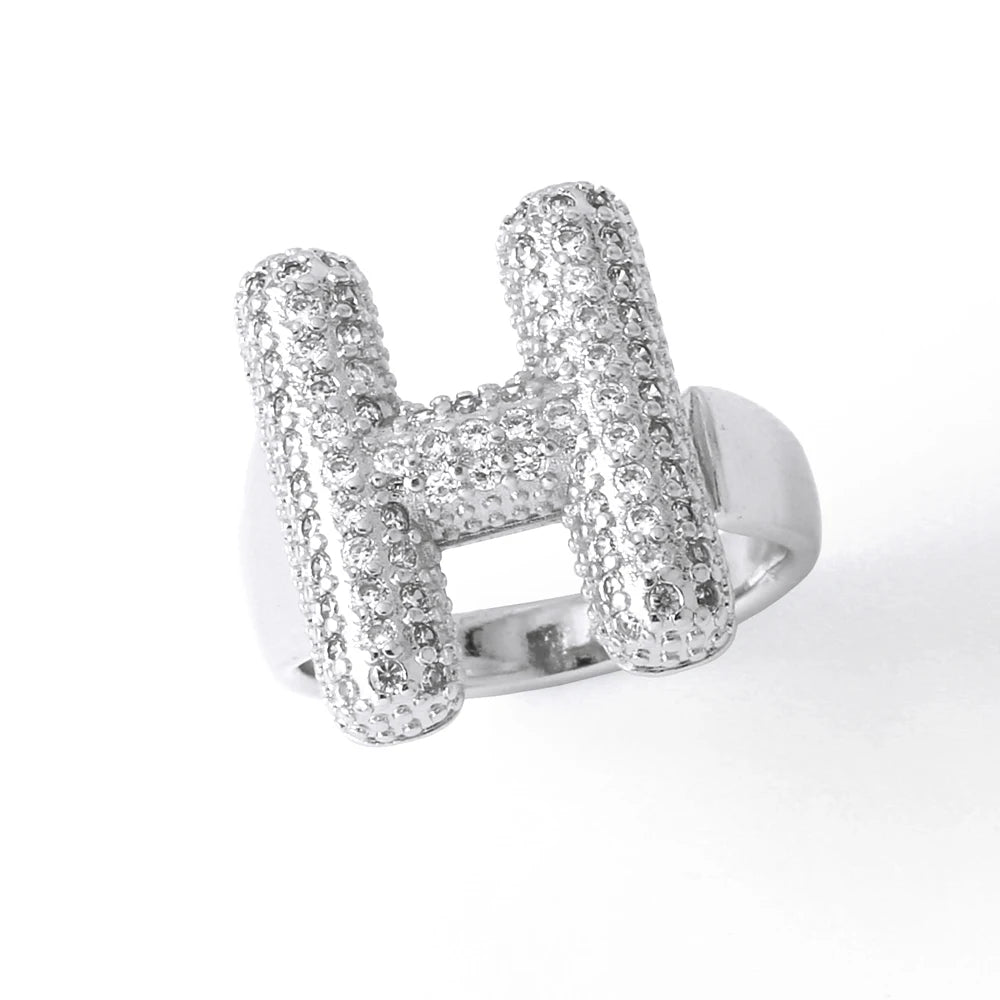Silver Color Crystal A-Z 26 Letters Statement Rings