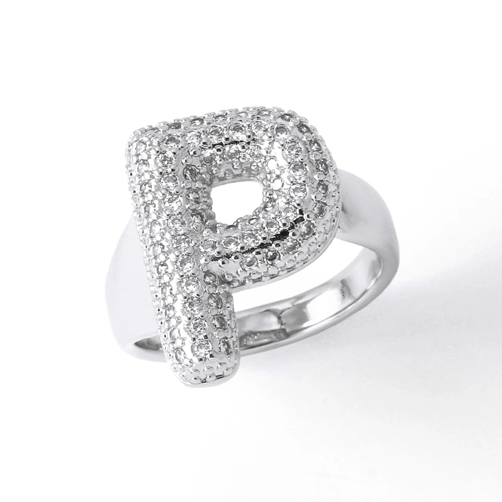 Silver Color Crystal A-Z 26 Letters Statement Rings