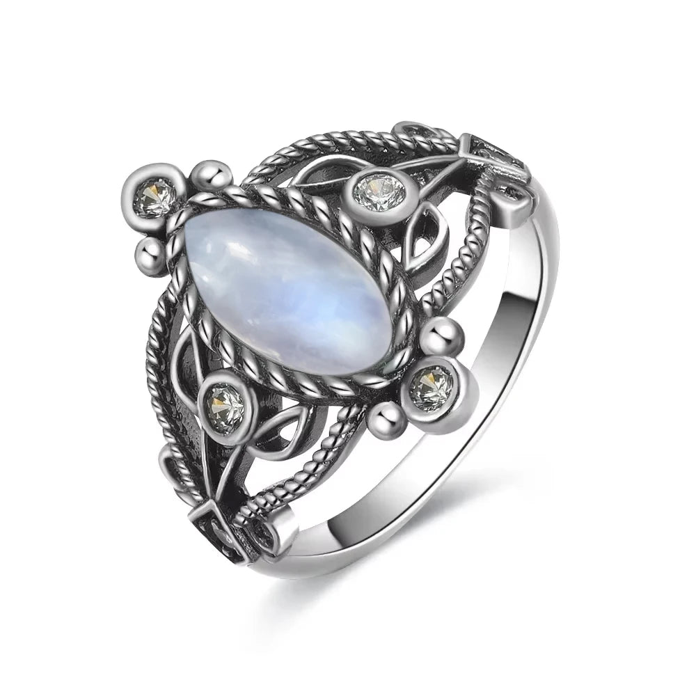 Vintage 925 Silver Ring Natural Moonstone Flower Ring