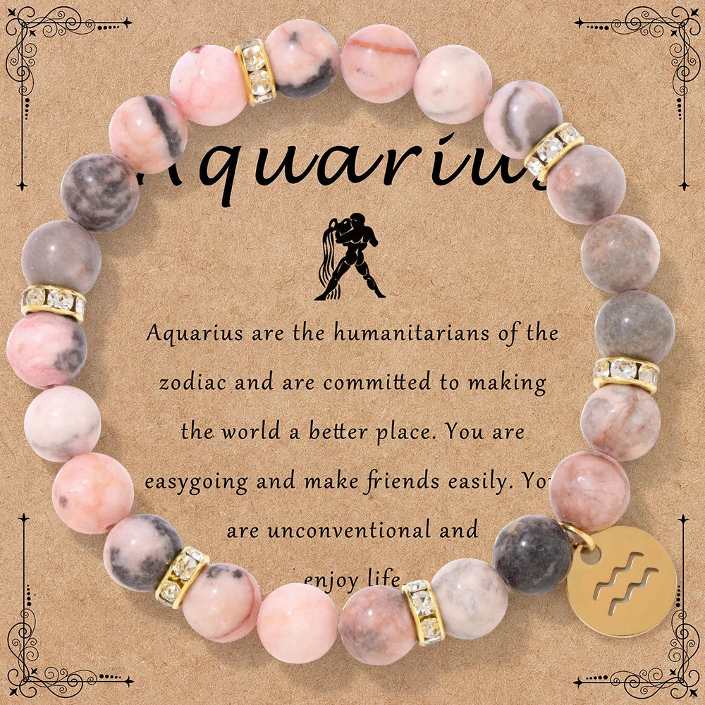 Zodiac Sign Pink Zebra Stone Beaded Bracelets