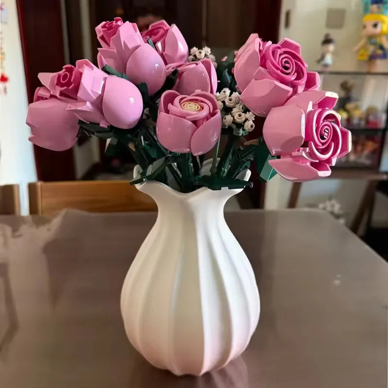 Pink Rose Bouquet Building Blocks Set