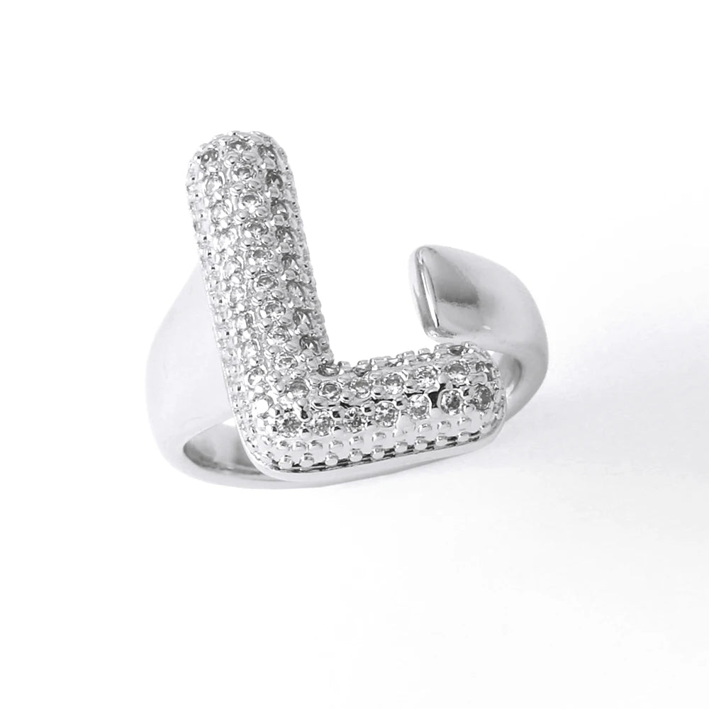 Silver Color Crystal A-Z 26 Letters Statement Rings