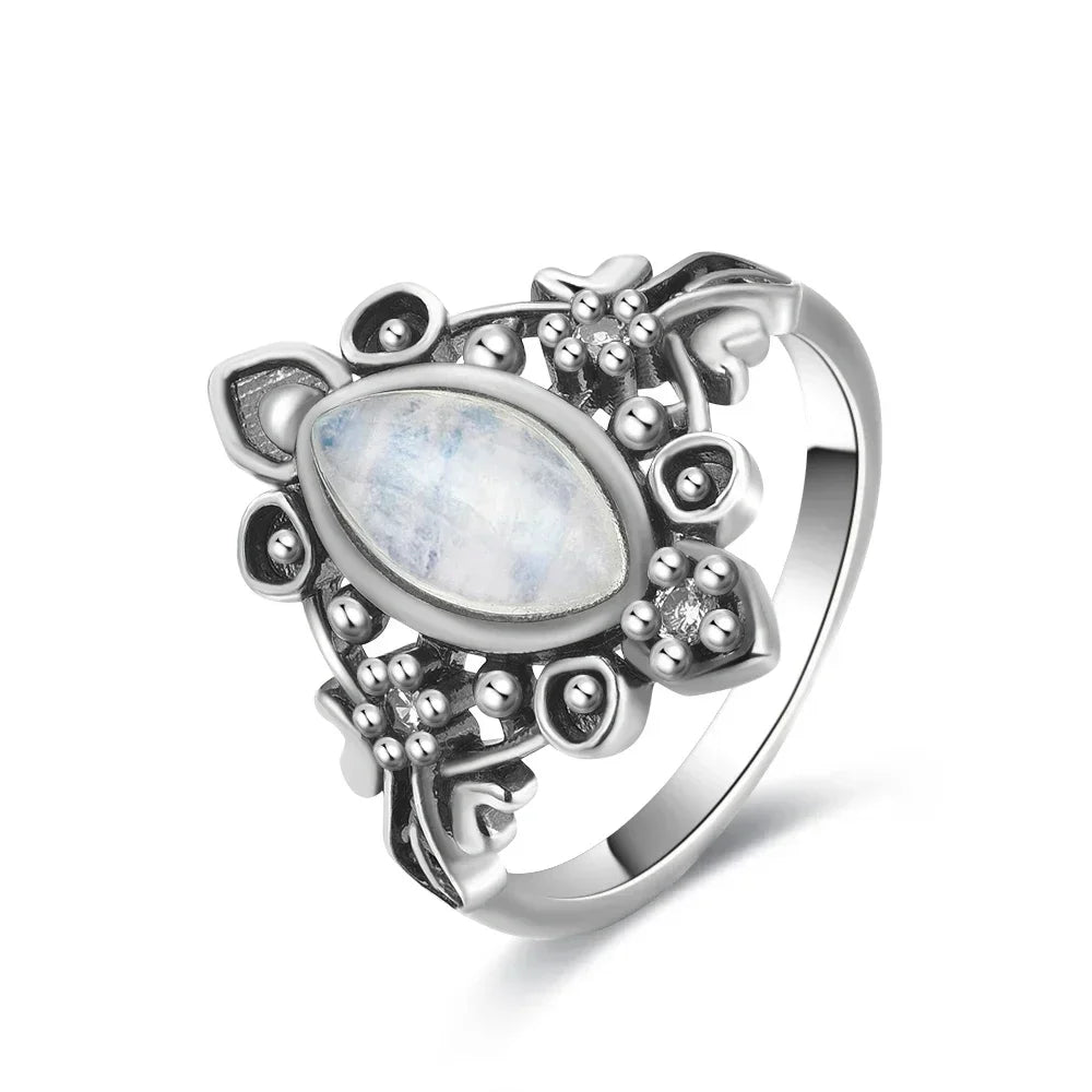 Vintage 925 Silver Ring Natural Moonstone Flower Ring