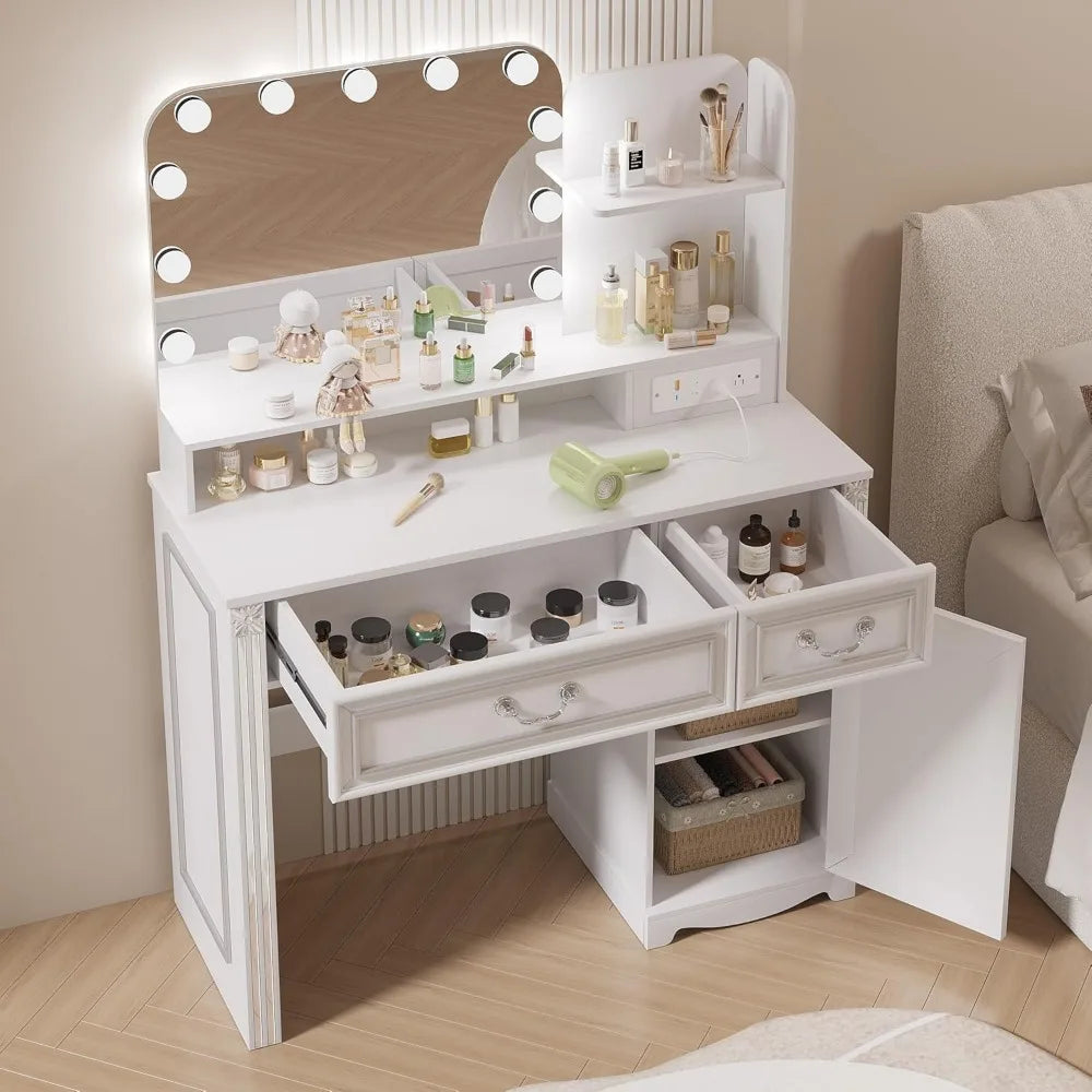 Vanity Desk with Mirror and Lights Power Outlet