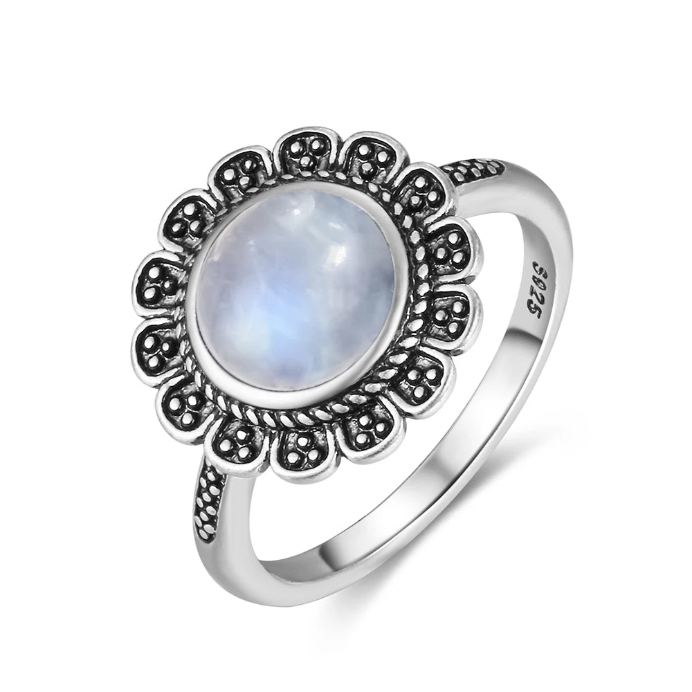 Vintage 925 Silver Ring Natural Moonstone Flower Ring