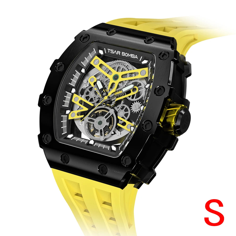 Mens MIYOTA Movement Skeleton Tonneau Waterproof Mechanical Watch