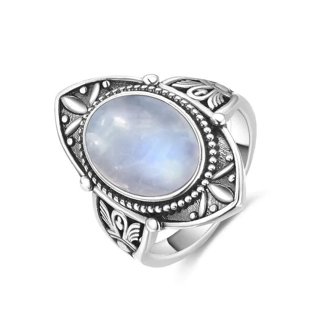 Vintage 925 Silver Ring Natural Moonstone Flower Ring