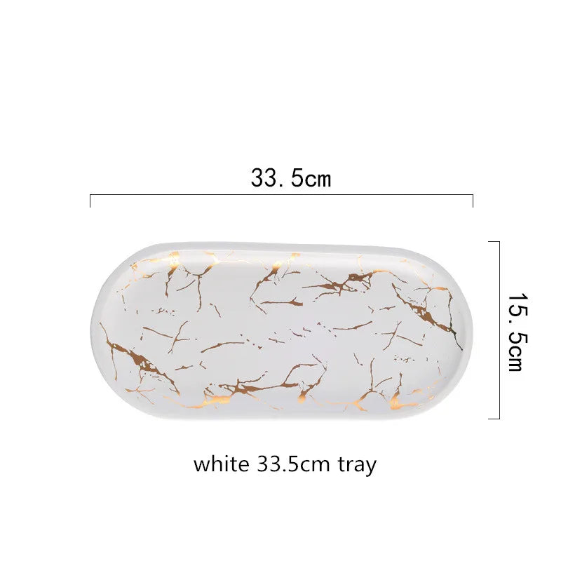 Nordic Luxury Marble Glazed Golden Pattern Ceramic Plate