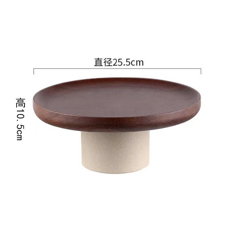 Wood Round Stand Tray Ceramic Plate