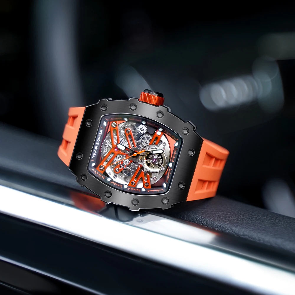 Mens MIYOTA Movement Skeleton Tonneau Waterproof Mechanical Watch