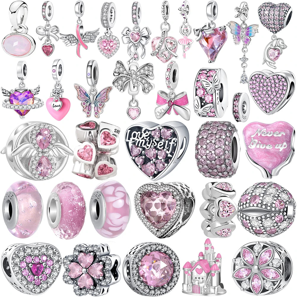925 Silver Pink Series Bow Zircon Flower Bead Charm