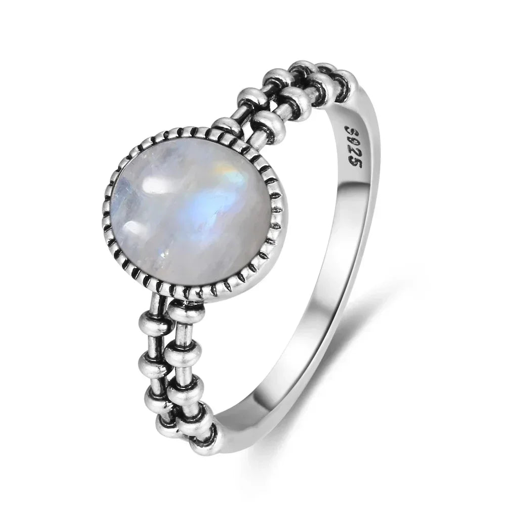 Vintage 925 Silver Ring Natural Moonstone Flower Ring
