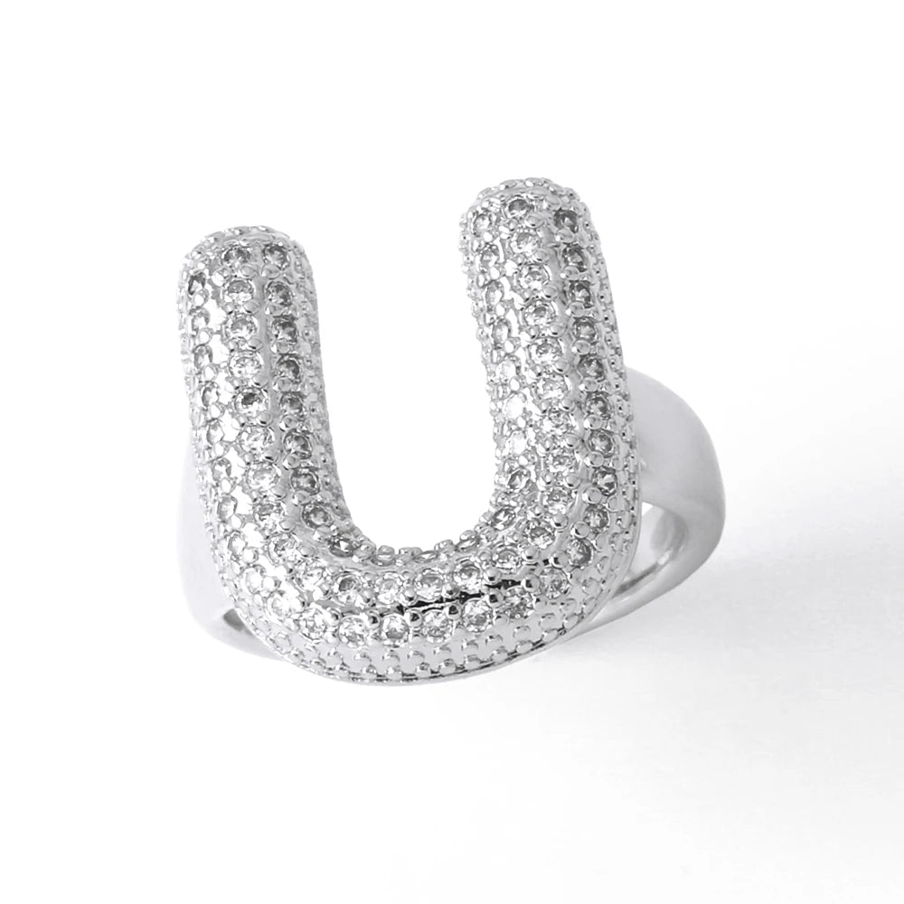Silver Color Crystal A-Z 26 Letters Statement Rings