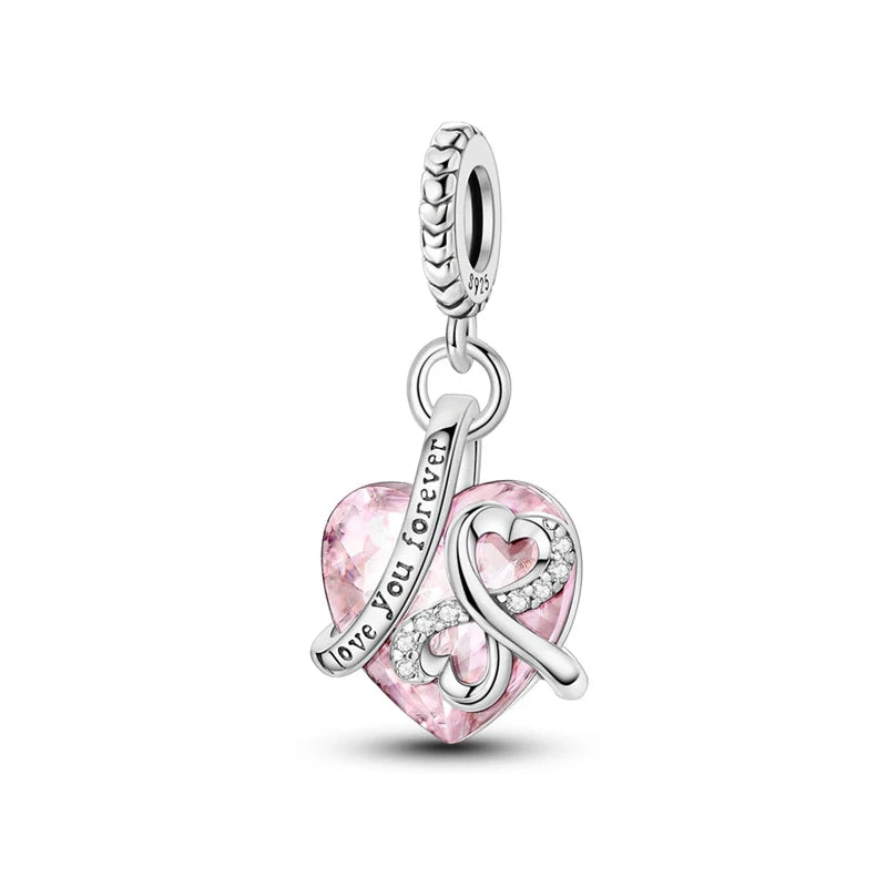 925 Silver Pink Series Bow Zircon Flower Bead Charm