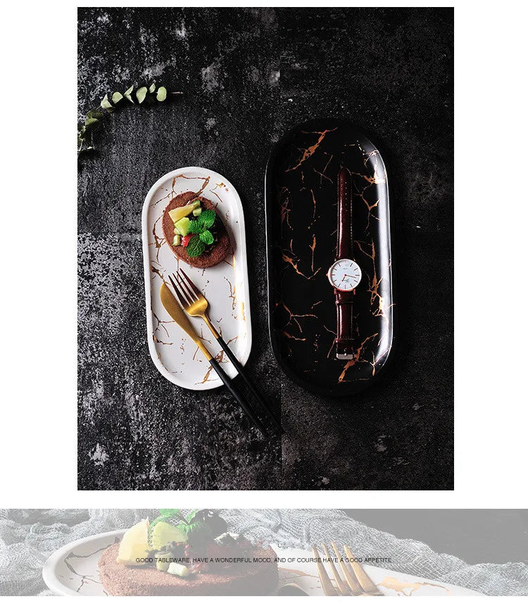 Nordic Luxury Marble Glazed Golden Pattern Ceramic Plate