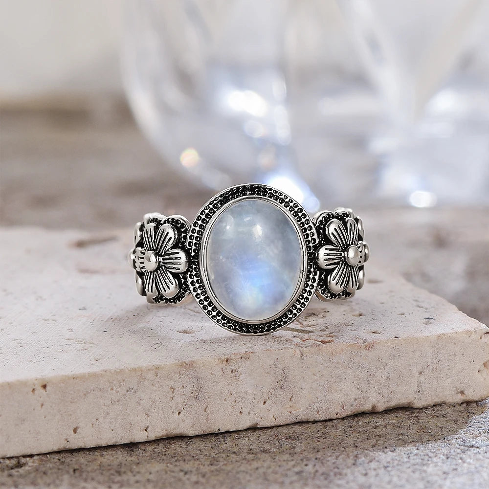 Vintage 925 Silver Ring Natural Moonstone Flower Ring