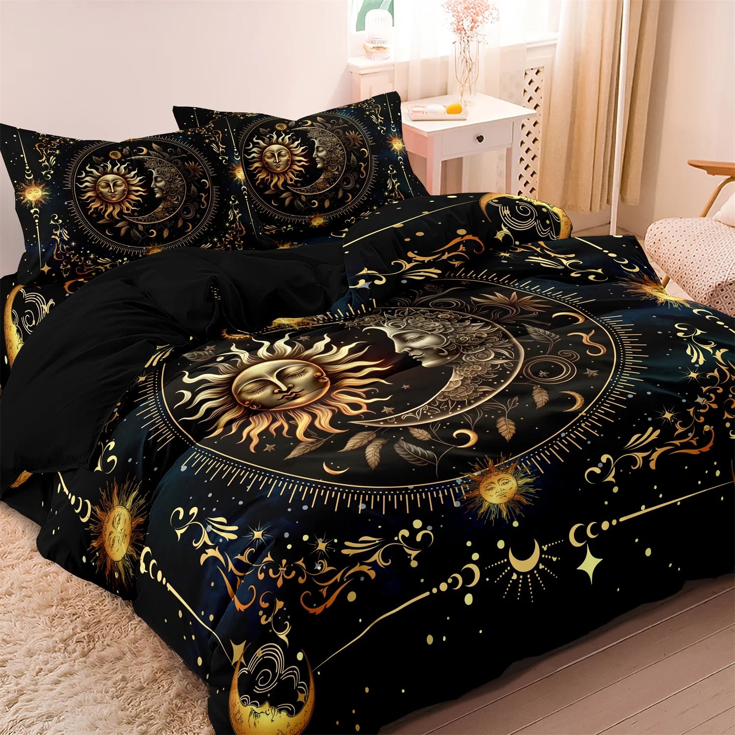 3pcs Super Soft Breathable Golden Sun And Moon Planet Duvet Cover Set
