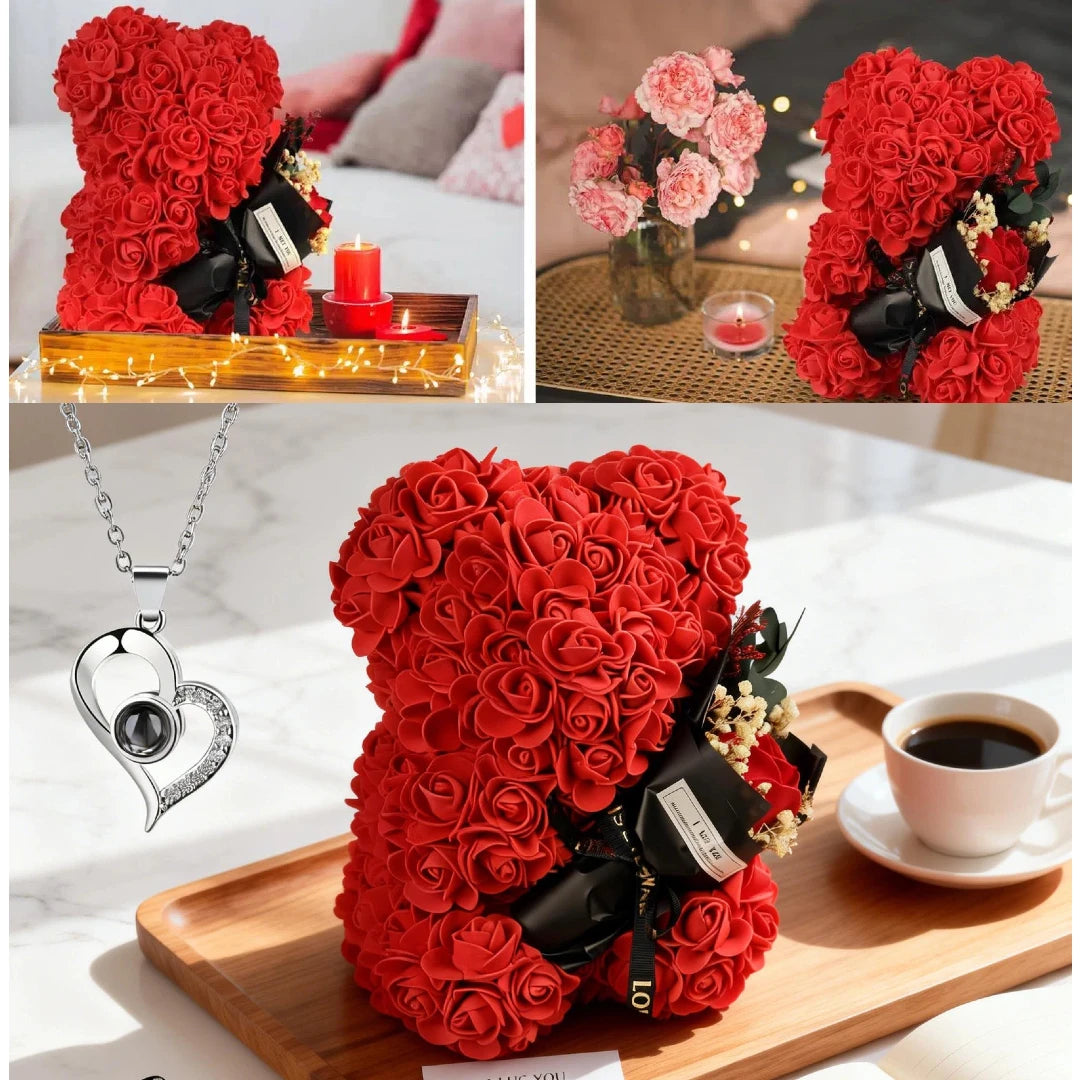Rose Teddy Bear with I Love You Necklace