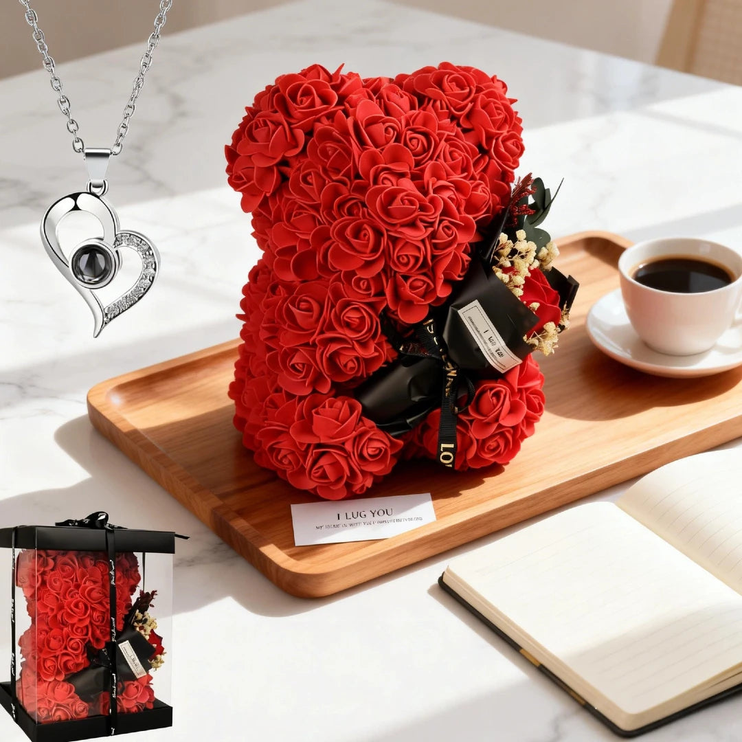 Rose Teddy Bear with I Love You Necklace