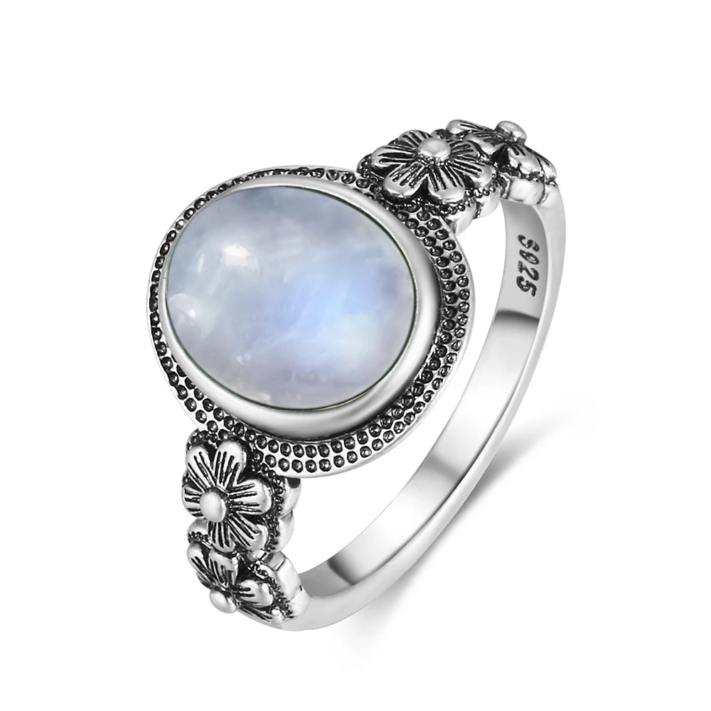 Vintage 925 Silver Ring Natural Moonstone Flower Ring