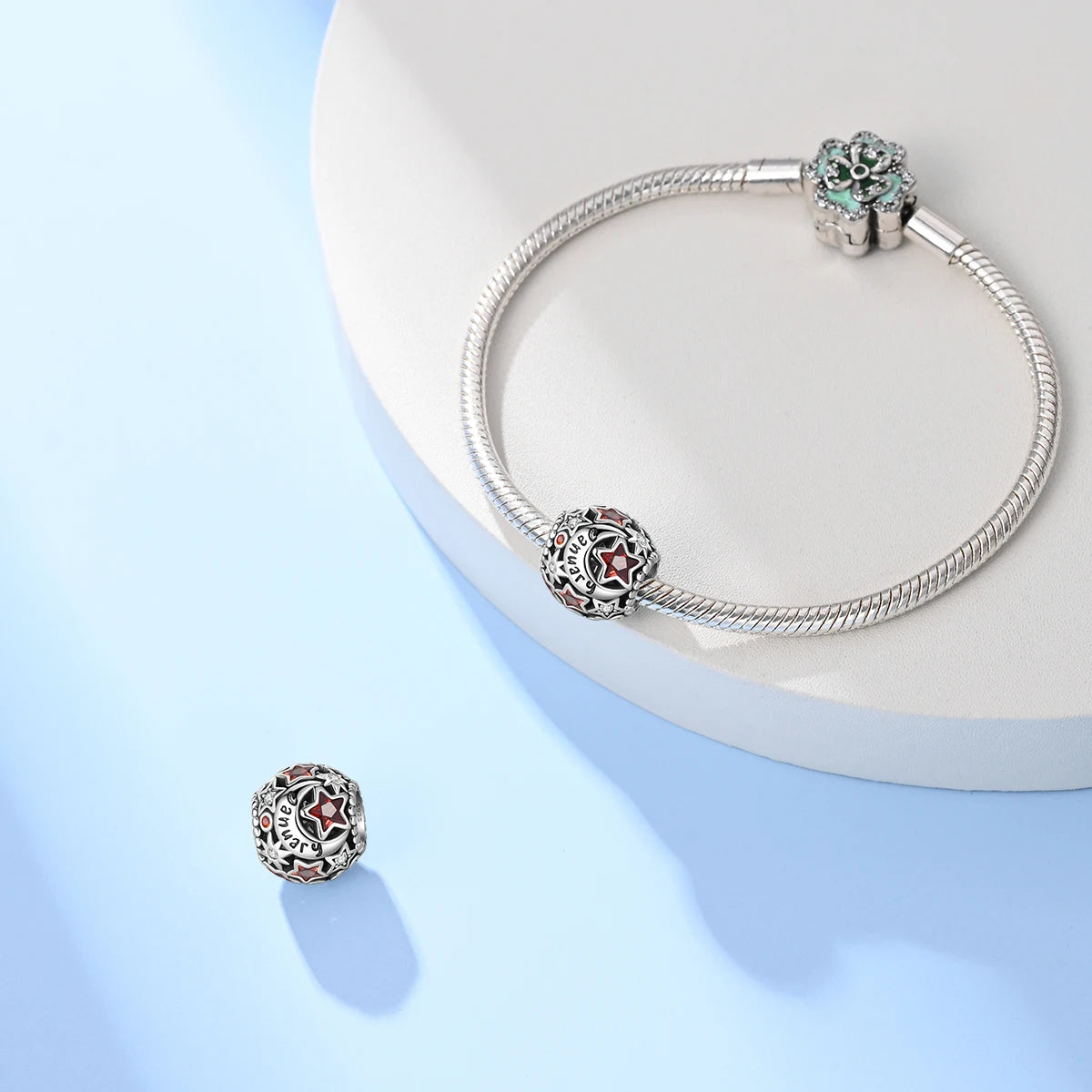 925 Sterling Silver June Birthstone Heart Beads & Sun And Moon Medal Pendant