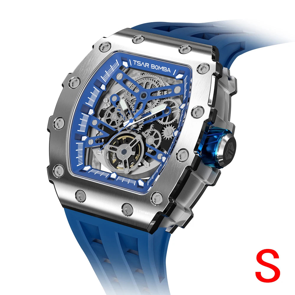 Mens MIYOTA Movement Skeleton Tonneau Waterproof Mechanical Watch