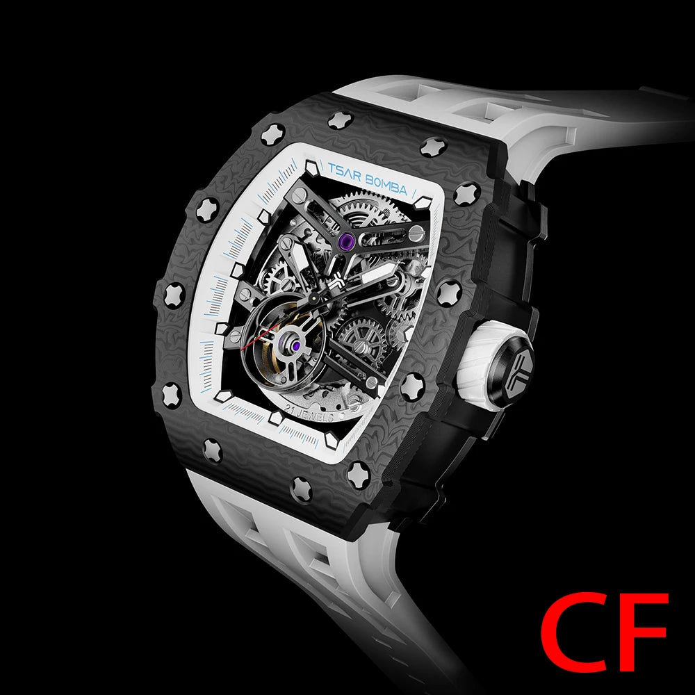 Mens MIYOTA Movement Skeleton Tonneau Waterproof Mechanical Watch