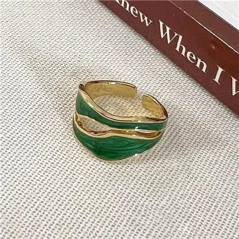 LATS Vintage White Enamel Metal Irregular Shape Geometric Open Adjustable Ring