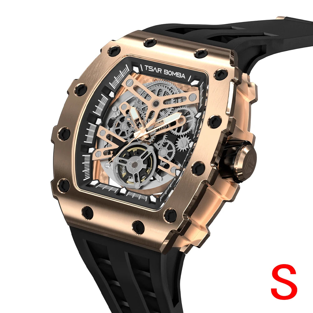 Mens MIYOTA Movement Skeleton Tonneau Waterproof Mechanical Watch