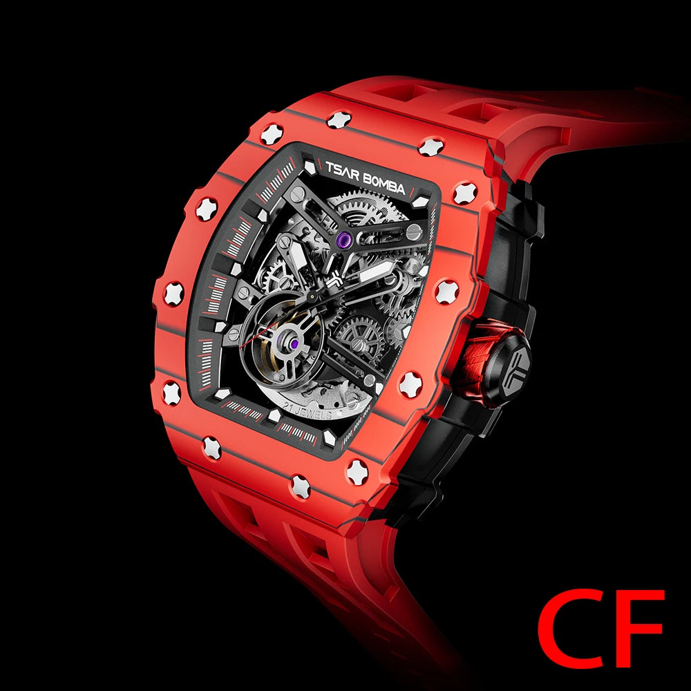 Mens MIYOTA Movement Skeleton Tonneau Waterproof Mechanical Watch