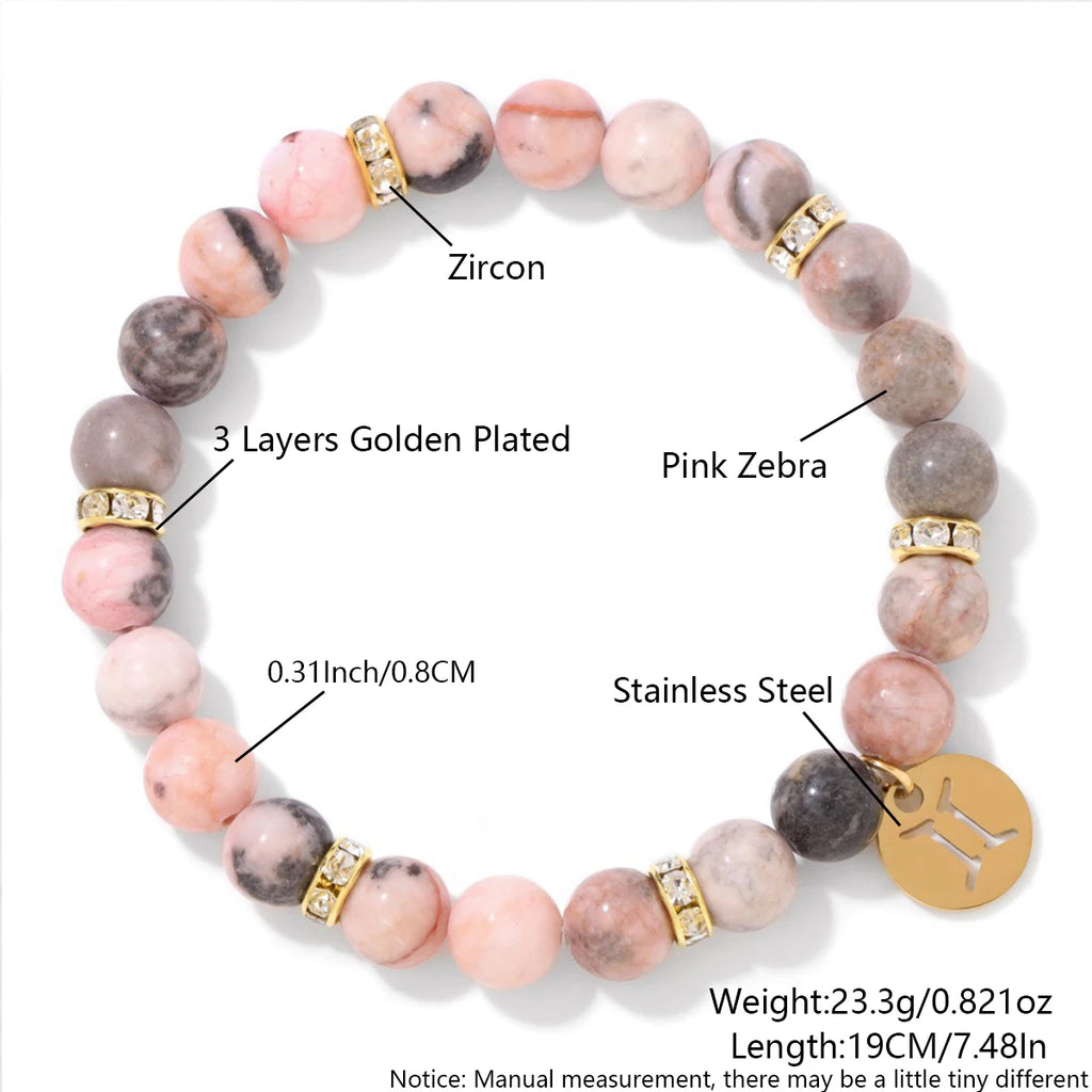 Zodiac Sign Pink Zebra Stone Beaded Bracelets