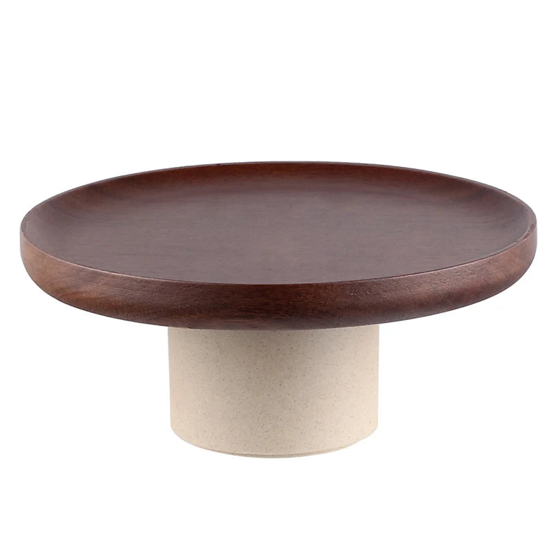 Wood Round Stand Tray Ceramic Plate