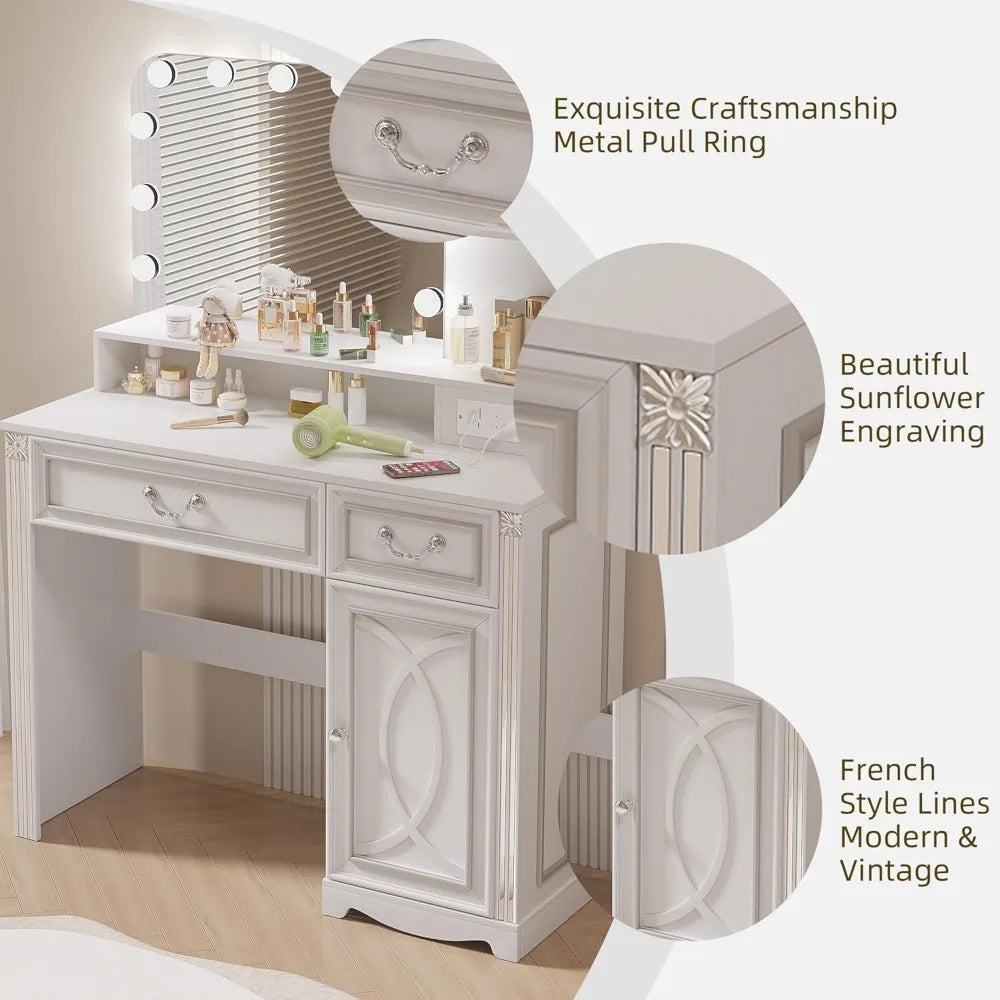 Vanity Desk with Mirror and Lights Power Outlet