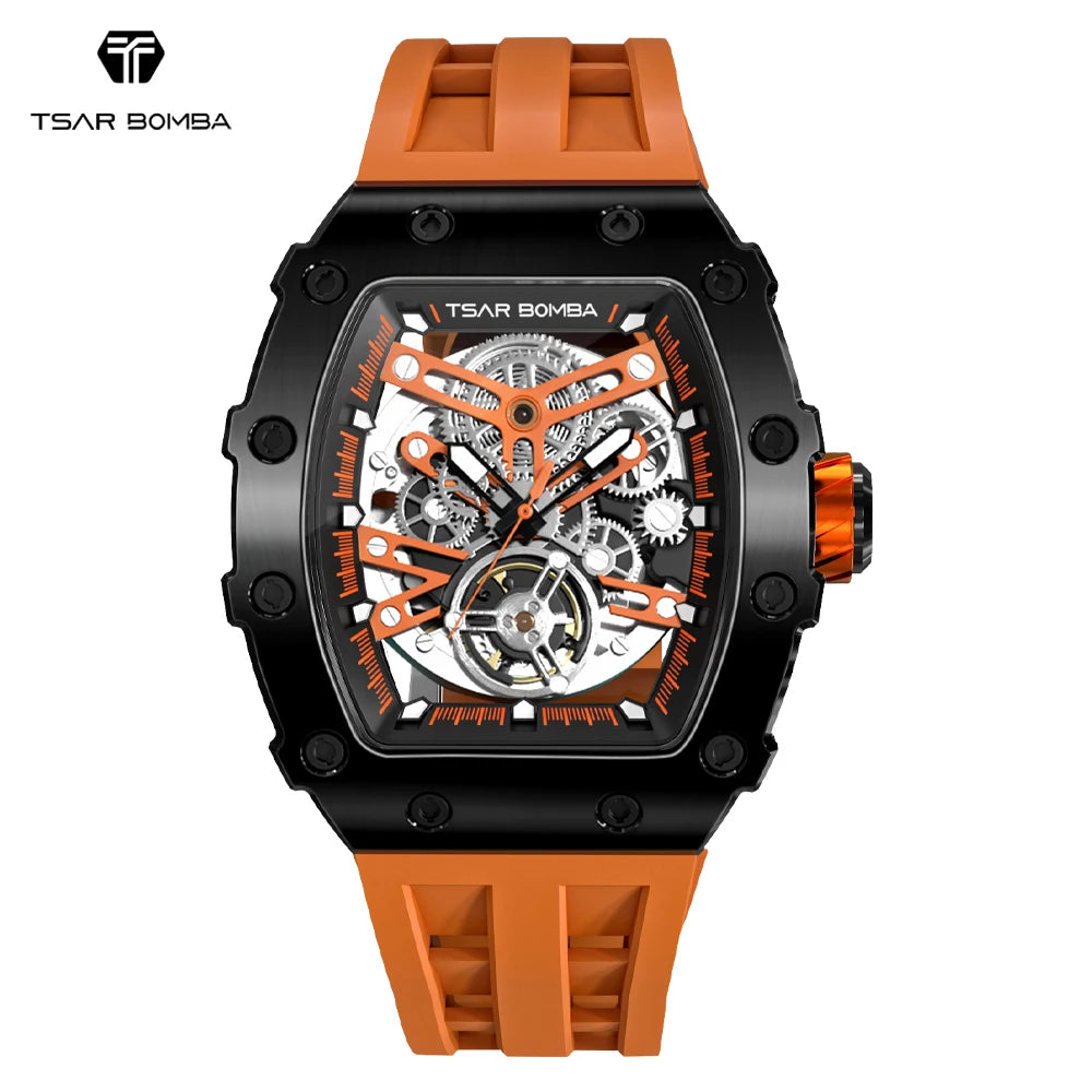 Mens MIYOTA Movement Skeleton Tonneau Waterproof Mechanical Watch