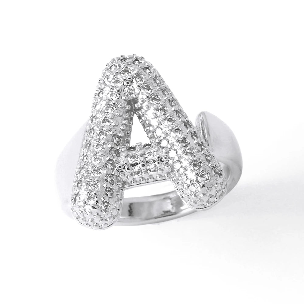 Silver Color Crystal A-Z 26 Letters Statement Rings